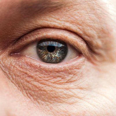 close up view of mature man eye with eyelashes and eyebrow looking at camera